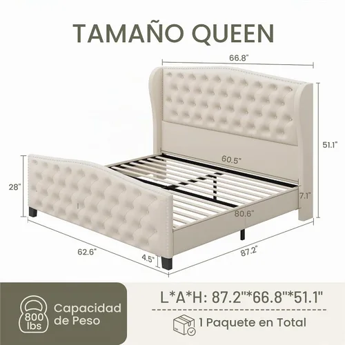 Vista 2 de LARMACE Base de cama tamaño Queen con tapizado de terciopelo, cama de plataforma con cabecera y pie de ala, base de cama con botones profundos