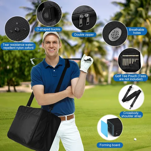 Vista 6 de Organizador de maletero de golf para coche SUV con compartimento para zapatos y divisor Bolsa de almacenamiento de golf de 2 capas para bolas