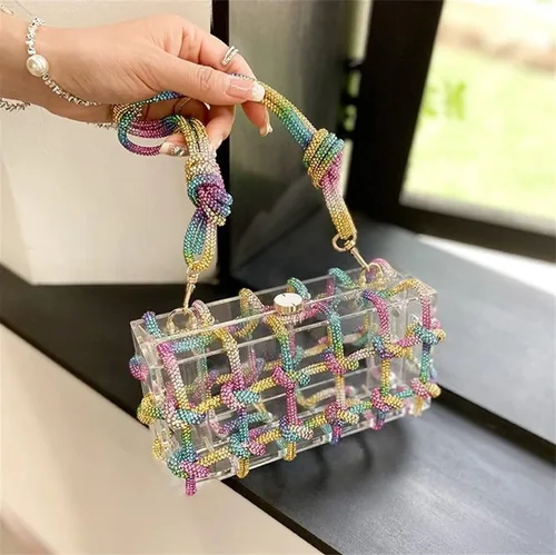 Vista 2 de Bolso de acrílico transparente con diamantes de imitación, bolso de mano de noche brillante, bolso anudado adornado con cristal para cóctel, fiesta