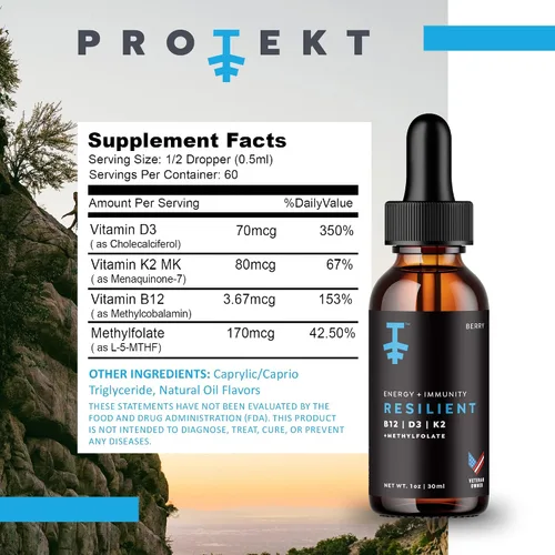 Vista 2 de PROTEKT Gotas resistentes de vitamina D3 K2 B12 – Suplemento líquido de vitamina B12 K2 D3 con metilfolato, gotas líquidas para energía
