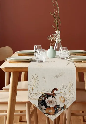 Vista 2 de Camino de mesa de Acción de Gracias, textura de calabaza, flor de lino, bufanda de lino con hojas doradas, cocina, comedor, hogar, granja, Dorado