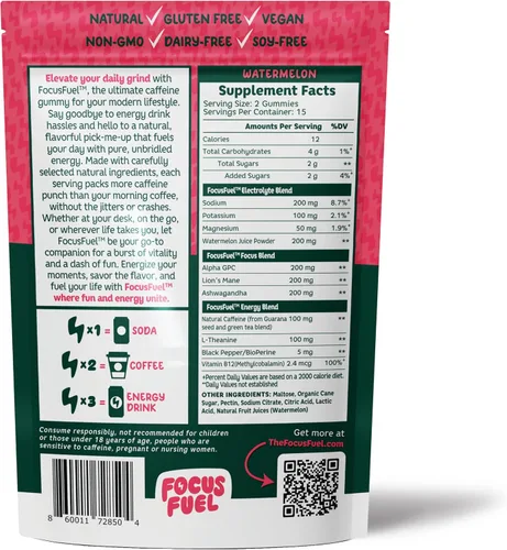 Vista 9 de FocusFuel Energy Chews - Sabor a sandía (15 porciones) - 100 mg de cafeína + L-teanina + B12, magnesio - Impulso de energía totalmente natural - Sin