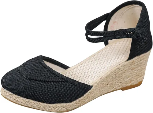 Vista 5 de Womenyiaor Sandalias de cuña con punta cerrada para mujer, alpargatas, negras, 8.5
