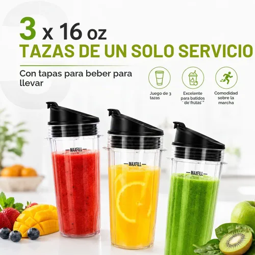 Vista 4 de Vasos de repuesto de 16oz para licuadora Ninja - Paquete de 3 vasos de licuadora Ninja con tapas, compatibles con Ninja QB3001SS, BL770, BL780