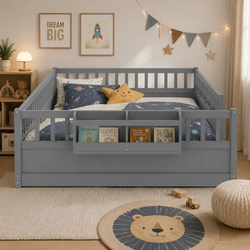 Vista 3 de Cama Montessori de tamaño matrimonial con barandillas, color gris