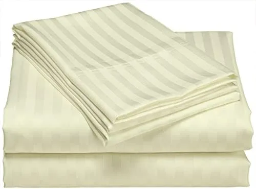 Vista 2 de Lasin Bedding, Juego de sábanas bajeras de funda de edredón de 100 % algodón súper suave, a rayas, tamaño California King, color marfil