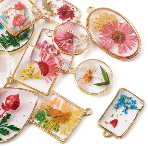 Vista 8 de Dijes de resina de flores secas, corazón redondo, lágrima, rombo, rectángulo, resina epoxi, aretes para manualidades, collares, pulseras