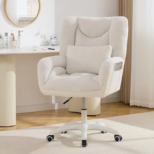 Vista 21 de FOXHUNTER Silla de tocador con respaldo ergonómico y ruedas, silla giratoria de 360°, silla de oficina en casa de altura ajustable para sala de Negro