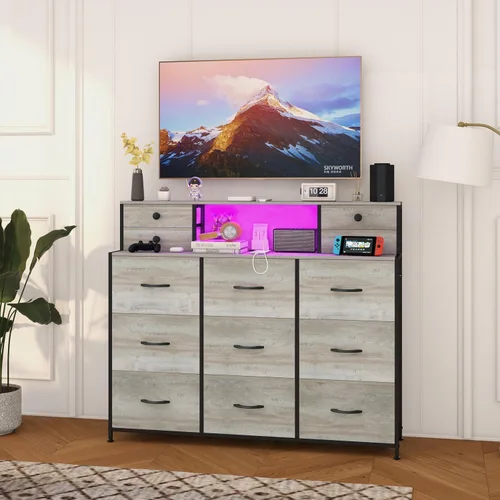 Vista 4 de Cómoda gris con tomas de corriente y luces LED, 13 cajones largos para dormitorio, cómoda de tela de piel sintética para sala de estar, pasillo