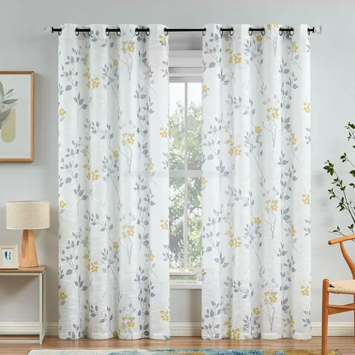 Vista 15 de Beauoop Juego de 2 cortinas semitransparentes de lino floral para sala de Clásico azul y gris