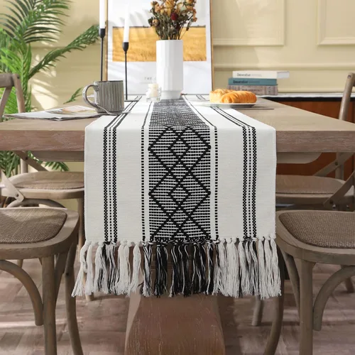 Vista 7 de Caminos de mesa tejidos estilo granja, caminos de mesa bohemios de 72 pulgadas de largo con borlas, elegantes caminos de mesa lavables para comedor