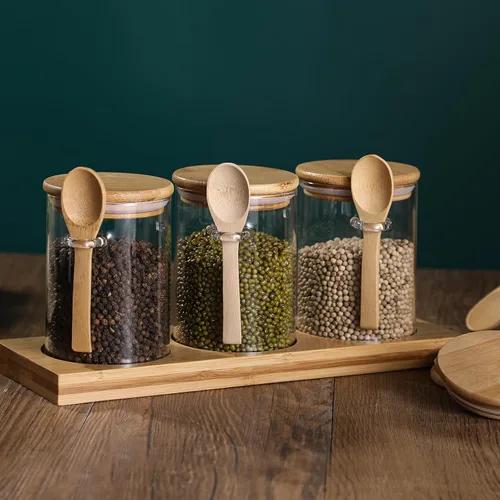 Vista 9 de Recipiente de Vidrio para Almacenamiento de Especias con Cuchara, 3 Frascos Herméticos de 20oz para Condimentos con Bandeja, Juego de Recipientes