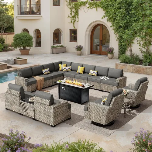 Vista 58 de HOOOWOOO Juego de muebles seccionales de patio con mesa de luz solar, 6 piezas de mimbre para exteriores, sofá en forma de L, juego de conversación