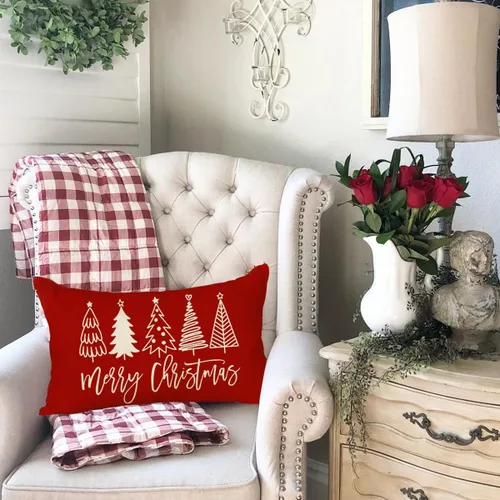 Vista 4 de RABUSOFA Fundas de almohada de Navidad de 12 x 20 pulgadas, almohadas decorativas de árbol de Navidad, fundas de cojín rojas de Navidad para Rojo