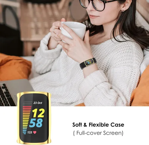 Vista 6 de Simpeak Paquete de 5 fundas protectoras de pantalla suaves compatibles con reloj inteligente Fitbit Charge 6 Charge 5, protección completa, rosa