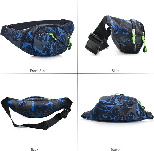 Vista 6 de Riñonera para hombres y mujeres, multifunción, resistente al agua, cinturón ajustable, para caminar y correr, Azul Patchwork, Clásico