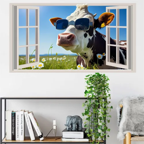 Vista 11 de Divertidas calcomanías de pared de vaca que se asoman, calcomanías de pared de vaca para despegar y pegar, calcomanías 3D falsas para decoración