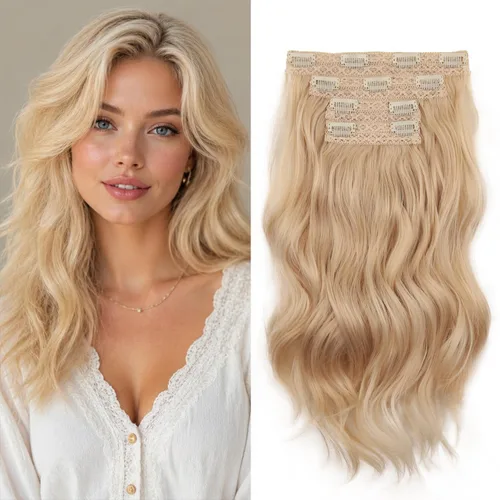 Vista 37 de Extensiones de cabello con clip, extensiones de cabello sintético ondulado de 14 pulgadas con clip (color: 22H10#)