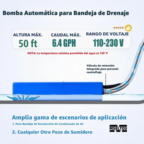 Vista 2 de MSELTOS Bomba de condensado HVAC de cabeza máxima de 6.4 GPH de 50 pies, 110 V/230 V con interruptor de seguridad automático, bomba de sumidero