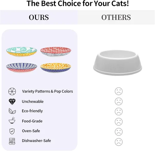 Vista 6 de Selamica Cuencos de cerámica para gatos, 6 pulgadas de ancho poco profundos para aliviar la fatiga de los bigotes, juego de 4, colores surtidos