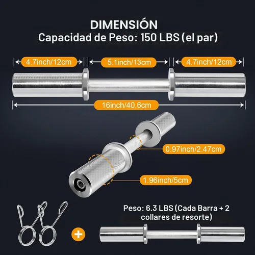 Vista 3 de Uboway Manijas de mancuernas olímpicas de 16"/20": barras de mancuernas cargables, asas de levantamiento de pesas resistentes, compatibles con placa