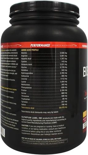 Vista 4 de Olympian Labs Polvo aislado de proteína de res, 0.85 oz de proteína, libre de BST, 0.07 oz de BCAA's, aminoácidos de construcción muscular, 1 libra