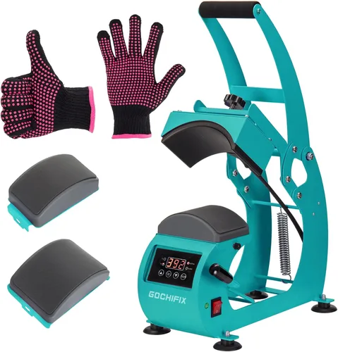 Vista 12 de Hat Press Heat Machine for Caps with 2 Platens & Hat Stretcher, Precise Temp/Timer Control, 6.54"x3.84" Curved Plate, Safety Base, Glove, for Blue