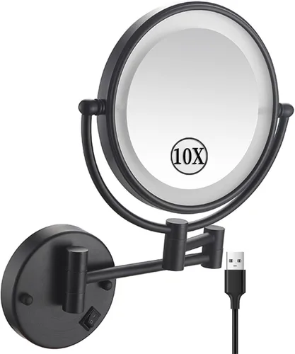 Vista 17 de KEYQEEN Espejo de maquillaje LED con luces, espejo de aumento de doble cara 1X/10X, espejo de aumento negro cableado montado en la pared giratorio