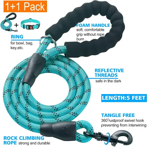 Vista 2 de Ladoogo Correa para perro resistente, mango acolchado cómodo, 5 pies de largo - Correas para perros pequeños, medianos y grandes