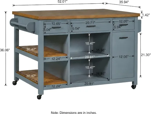 Vista 2 de LUMISOL 52" Kitchen Cart with Rubber Wood Top & Pull-Out Pantry, Blue Gray