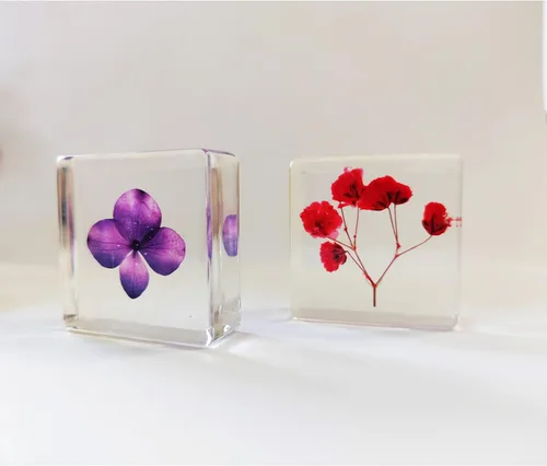 Vista 3 de Pisapapapeles de flores, 6 piezas de resina para escritorio con muestras de flores prensadas reales, decoración de mesa, cubo cuadrado transparente