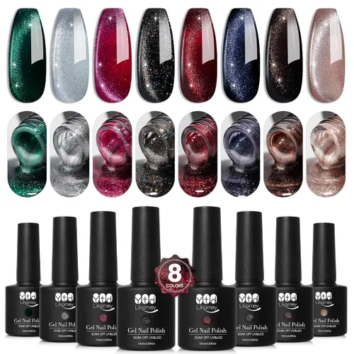 Vista 4 de YTD Likomey - Juego de esmaltes de uñas de gel de ojo de gato, 8 colores con purpurina magnética de cristal, borgoña, rojo, negro, verde, ciruela
