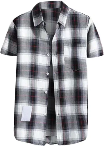 Vista 7 de Camisas de manga corta con botones para hombre, de algodón, a cuadros, ajuste regular, camisas casuales con botones y bolsillo