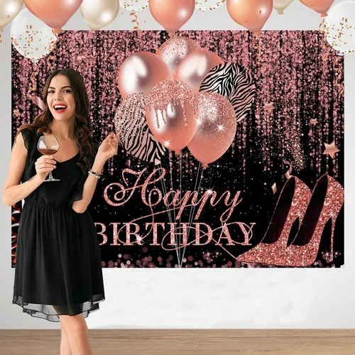 Vista 2 de Sensfun Telón de fondo de feliz cumpleaños con purpurina oro rosa y negro, decoración de cumpleaños, tacón champán, fondo de fotografía para mujeres