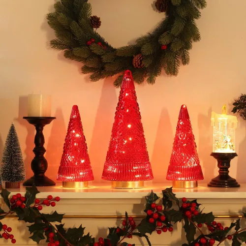 Vista 8 de PHITRIC Decoraciones de Navidad para Interiores, 3 Piezas de Centros de Mesa de Árbol de Navidad de Cristal Rojo Brillante con Luces LED