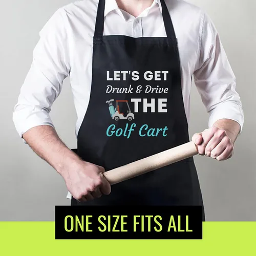 Vista 5 de Delantal de golf negro - Camiseta divertida para mujer, para emborracharse y conducir el carrito de golf, delantales de cocina negros, Negro