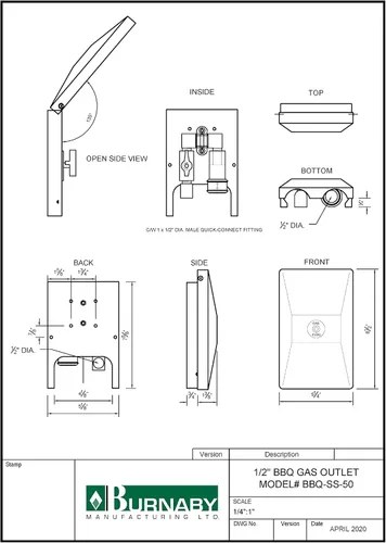 Vista 4 de Burnaby Manufacturing Ltd Salida de gas para barbacoa, entrada de 1/2" NPT, salida de desconexión rápida de 1/2