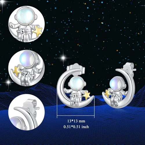Vista 3 de SLIACETE Aretes de astronauta de plata de ley 925, aretes de astronauta y luna, bonitos aretes de estrella espacial, regalo de cumpleaños