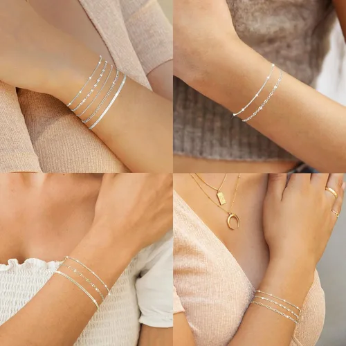 Vista 4 de MBW Pulseras de plata para mujer, delicadas pulseras de plata para mujer, juego de pulseras de plata de 14 quilates, impermeables, joyería
