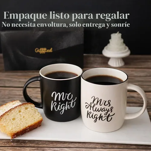Vista 4 de Triple Gifffted Tazas de café Mr Right Mrs Always Right Ideas de regalo para parejas, aniversario de boda, compromiso, Navidad, para él y ella