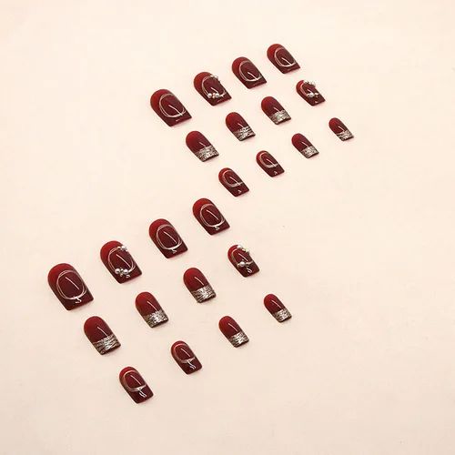 Vista 2 de Uñas postizas cuadradas de longitud media, uñas postizas acrílicas artificiales con diseños de diamantes de imitación de perlas rojas, juego de 24