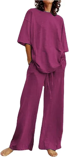 Vista 31 de Conjuntos de verano de 2 piezas para mujer, conjuntos elegantes y casuales de color liso, para verano, otoño, cuello redondo, tops y pantalones