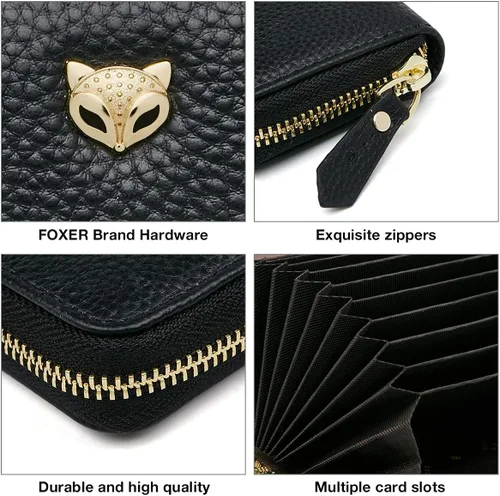 Vista 6 de FOXLOVER Mini tarjetero de crédito RFID para mujer, cartera pequeña de cuero para tarjetas, Negro, talla única , Moda