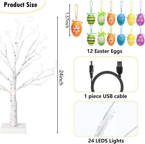 Vista 8 de Árbol de abedul iluminado de Pascua de 24 pulgadas con 12 adornos, LED blanco cálido, árbol artificial de mesa, 8 modos de iluminación USB