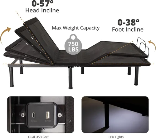Vista 4 de Dyonery Base de cama ajustable Queen con control remoto inalámbrico + colchón de espuma viscoelástica de gel de carbón Queen de 12 pulgadas en una