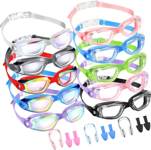 Vista 13 de Konohan Paquete de 10 gafas de natación a granel para niños y adultos, gafas de piscina antivaho de silicona sin fugas, gafas de natación
