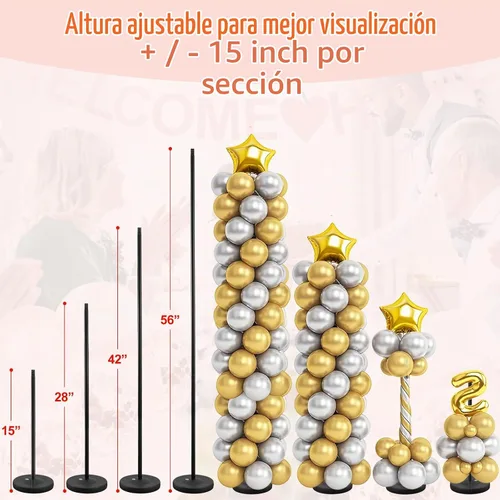 Vista 4 de Soporte para globos, juego de 2, 56 pulgadas de altura ajustable, empalme de poste de metal, kit de soporte de arco de columna de globos con base