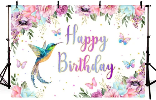 Vista 2 de MEHOFOND Fondo de cumpleaños de colibrí de 7 x 5 pies, fondo floral de acuarela de primavera para niña, suministros de fiesta de primer cumpleaños