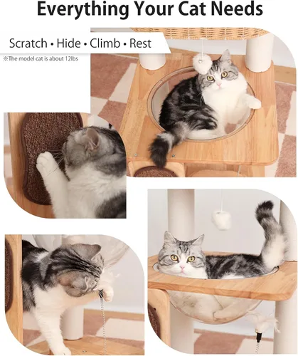 Vista 5 de Árbol de madera para gatos grandes, torre moderna para gatos con estantes anchos, postes rascadores de algodón, base súper resistente, perchas