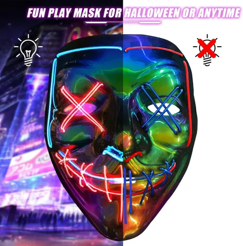 Vista 2 de CHAOYU - Máscara de Purga de Halloween con luz LED máscara facial aterradora que brilla con 3 modos de luz disfraz para hombres y mujeres fiesta